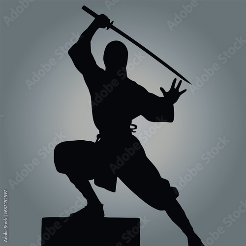 Ninja warrior silhouette with sword on pedestal, vector illustration. Martial arts, combat, action, Japan, samurai, assassin, stealth, Ninja on black and gray background.