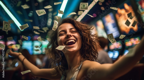 Femme gagnante au casino, gain en argent (pièces et billets), blackjack, roulette et machine à sous. photo