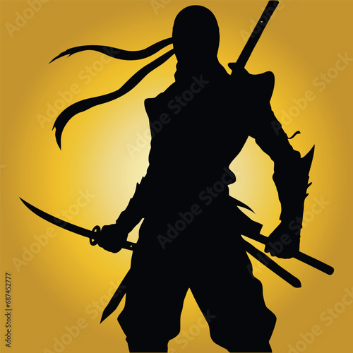 Ninja warrior silhouette vector illustration on yellow background. Black figure holding swords in fighting stance. Martial arts, Japan, Asia, warrior, fighter, assassin, stealth themes photo