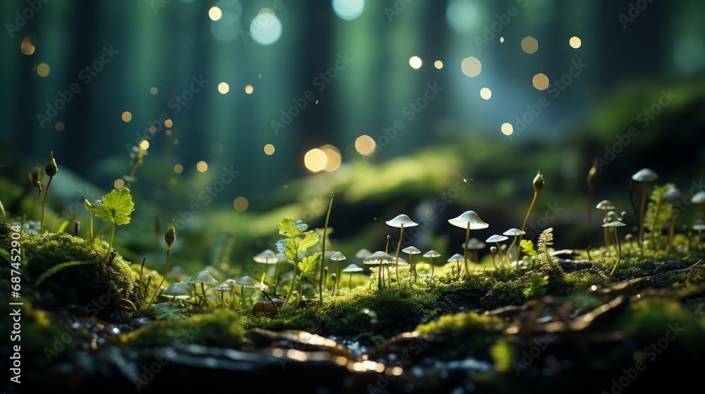 Bokeh forest background with moss and space for text