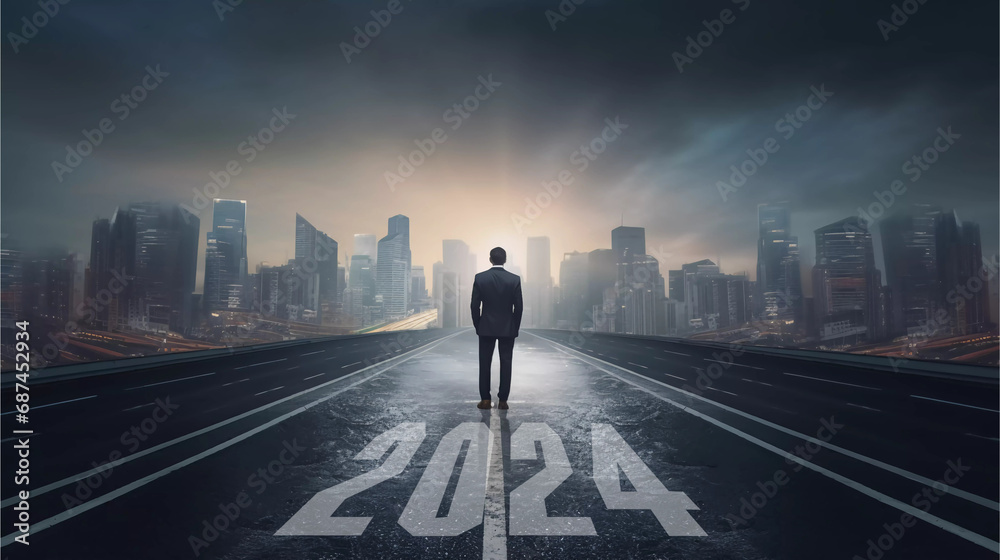2024 New Year business vision concept .behind of business man stand on asphalt looking ahead to futuristic city with light background. - obrazy, fototapety, plakaty 