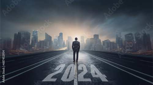 2024 New Year business vision concept .behind of business man stand on asphalt looking ahead to futuristic city with light background. photo