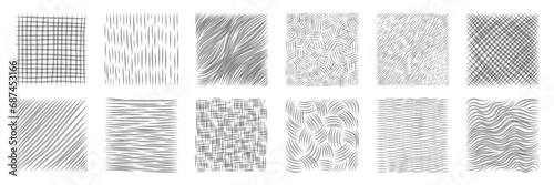 Set of hand drawn pencil crosshatch shapes. Doodle and sketch style. Black squiggle texture of rain, wood, wave. Rectangular with grunge lines.