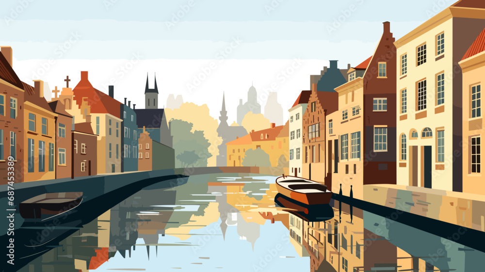 Fototapeta premium copy space, simple vector illustration, typical view of the canals in Bruges, Belgium. hand drawn, view of the typical canals in the city centre of Bruges, Belgium. Famous touristic spot. Must-see tou