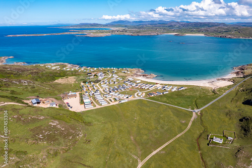 Aerial view of the camping site close to Murder Hole beach, officially called Boyeeghether Bay in County Donegal, Ireland photo