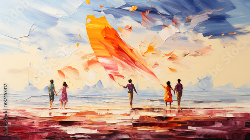 Colorful abstract painting of two young women walking on the beach.