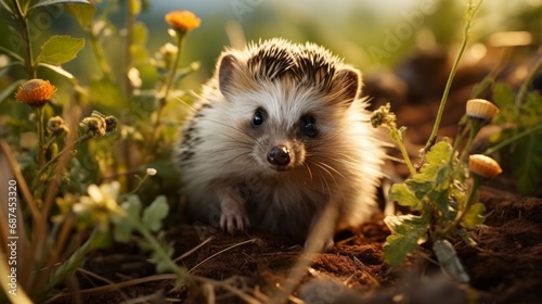 Close-up of a young hedgehog on the grass