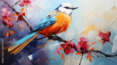 Colorful bird sitting on a branch with flowers. © Narin