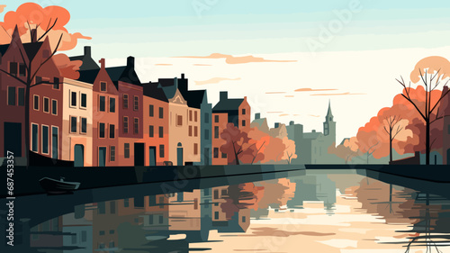 copy space, simple vector illustration, typical view of the canals in Bruges, Belgium. hand drawn, view of the typical canals in the city centre of Bruges, Belgium. Famous touristic spot. Must-see tou