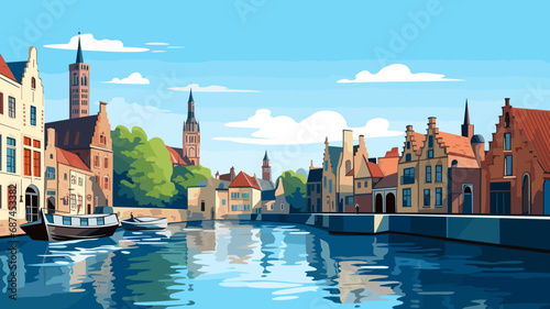 copy space, simple vector illustration, typical view of the canals in Bruges, Belgium. hand drawn, view of the typical canals in the city centre of Bruges, Belgium. Famous touristic spot. Must-see tou