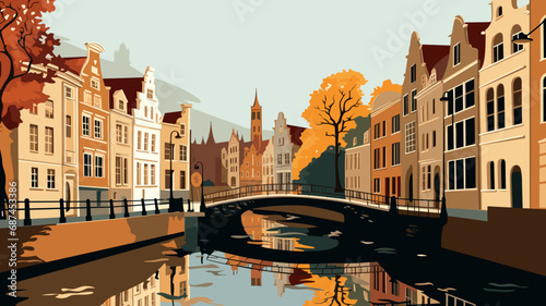 copy space, simple vector illustration, typical view of the canals in Bruges, Belgium. hand drawn, view of the typical canals in the city centre of Bruges, Belgium. Famous touristic spot. Must-see tou