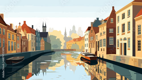 copy space, simple vector illustration, typical view of the canals in Bruges, Belgium. hand drawn, view of the typical canals in the city centre of Bruges, Belgium. Famous touristic spot. Must-see tou