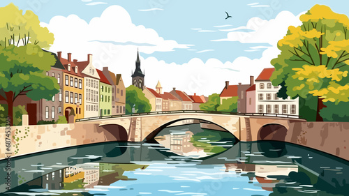 copy space, simple vector illustration, typical view of the canals in Bruges, Belgium. hand drawn, view of the typical canals in the city centre of Bruges, Belgium. Famous touristic spot. Must-see tou
