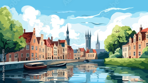 copy space, simple vector illustration, typical view of the canals in Bruges, Belgium. hand drawn, view of the typical canals in the city centre of Bruges, Belgium. Famous touristic spot. Must-see tou