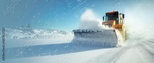 Snow Plow Clearing Winter Road Under Bright Sunlight
