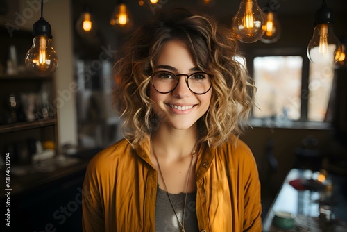Beautiful curly girl  young woman with glasses who smiles  portrait. Warm clothes  a sweater. Smile  happiness  joy. Welcoming a new day  morning. Image for social networks. Generation Ai