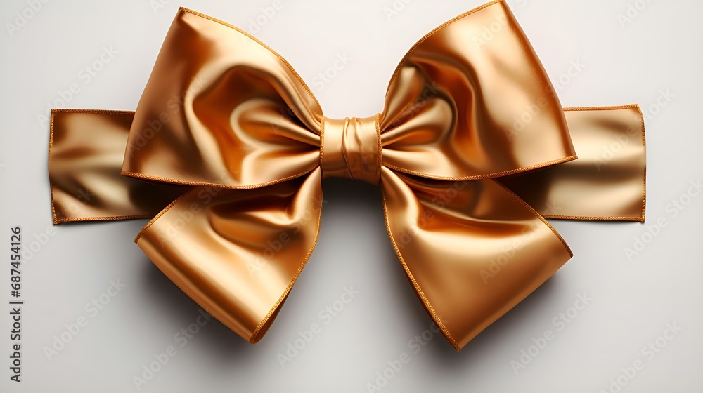 Gold gift bow on a white background: postcard, screensaver, layout, congratulations, holiday, gift, surprise, bright, big (Ai)