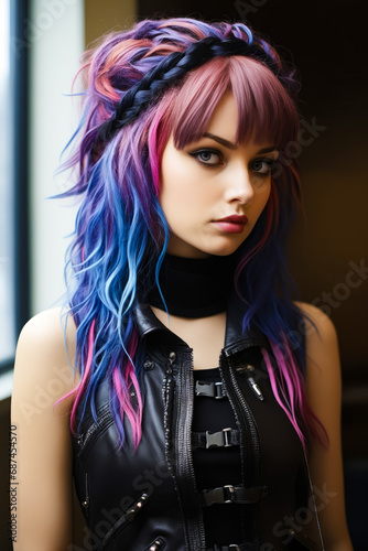 Woman with black leather jacket and colorful hair.
