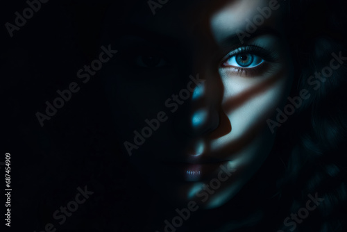 Woman with blue eyes and black background with white stripe.