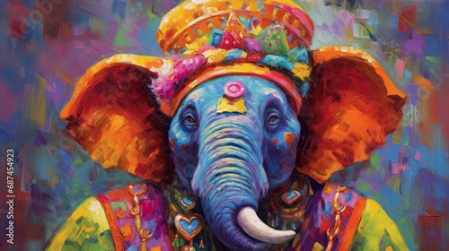 elephant with creative colorful abstract elements on multicolored holly paints background