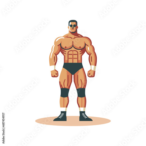 Standing muscular wrestler flat design vector illustration.
