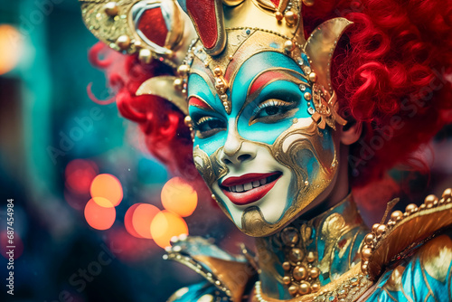 Mujer joven disfrazada para el carnaval, con vestido intrincado y espectacular, iluminación de ensueño, plumajes y vestidos exóticos