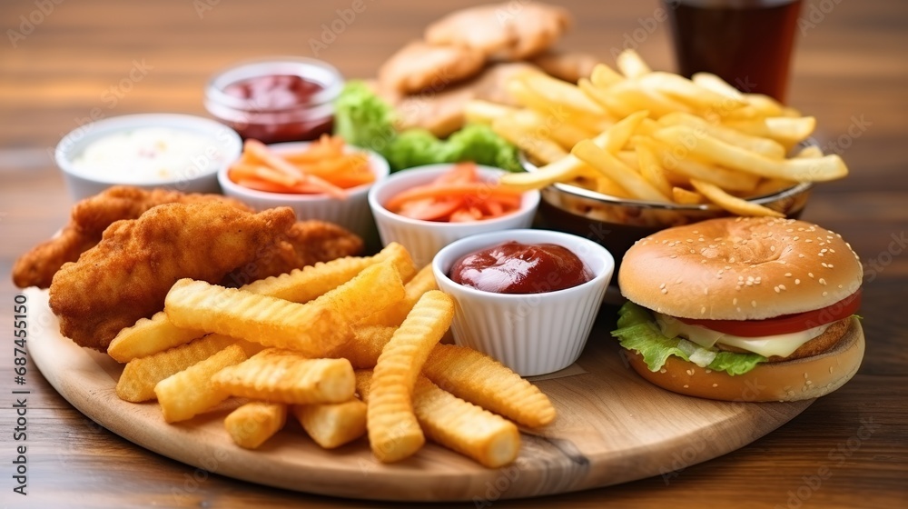 Fast Food Assortment on Wooden Serving Board Fast Food Assortment on Wooden Serving Board