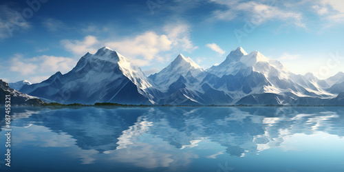 Beautiful snowy mountains reflected in the lake Snowy Mountains And Fields Landscape Beautiful winter landscape with snowcapped mountains reflected in water AI Generative 