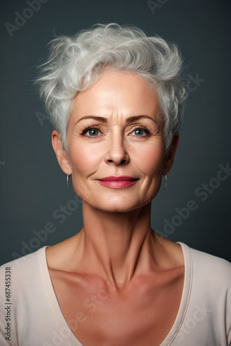 Woman with short white hair and smile.