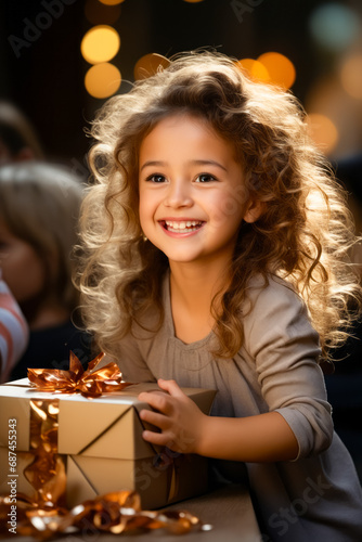 Little girl holding present box with smile.