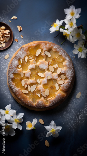 Photographie du dessus d'une tarte aux abricots et aux amandes sur une nappe bleue, fleurs d'amandier en décoration