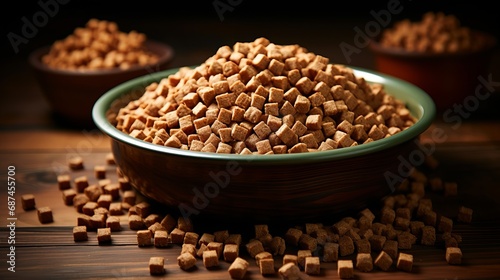 A top view of a plate filled with dog food placed