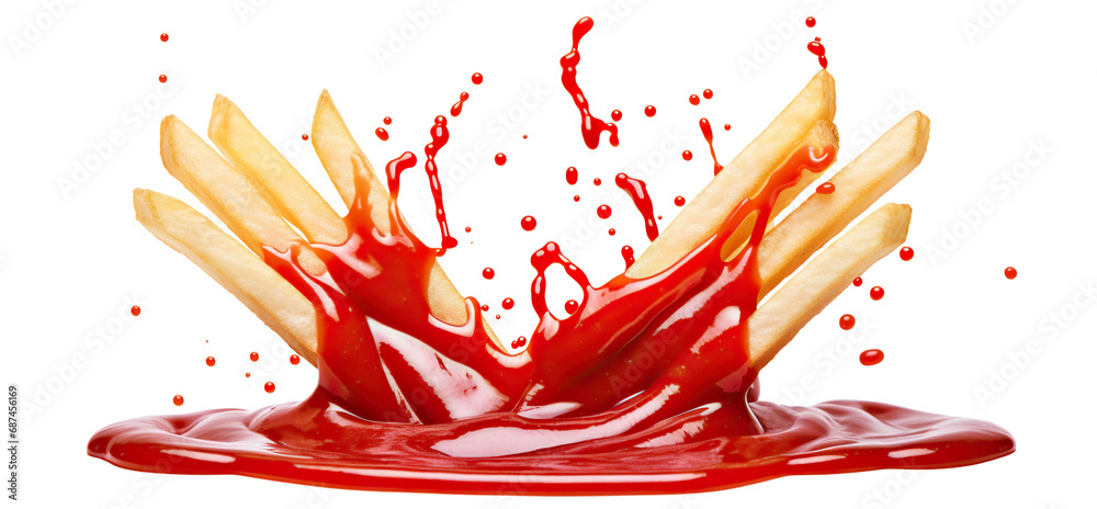 Delicious potato fries falling into splashing tomato ketchup, cut out - obrazy, fototapety, plakaty 