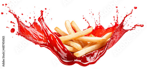Delicious potato fries falling into splashing tomato ketchup, cut out photo