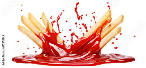 Delicious potato fries falling into splashing tomato ketchup, cut out photo