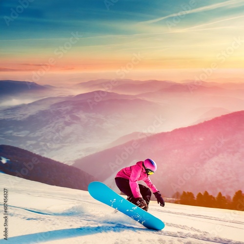 Snowboarder with pink and blue hues