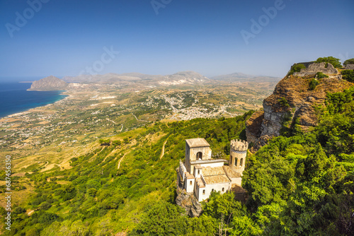 Scenic view from Erice town at sea coast with Torretta Pepoli chateau and monte Cofano in Sicily, Italy, Europe. photo