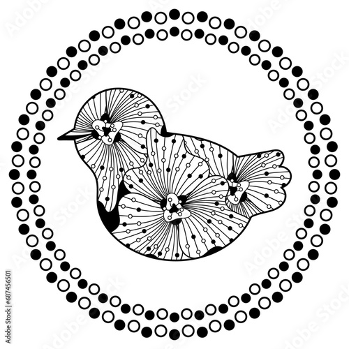 The cute bird is decorated with flowers. Coloring book for children and adult. Design template. Black and white vector illustration