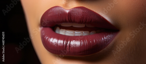 Closeup lower half of a woman’s face with full lips painted with a rich, matte burgundy lipstick.