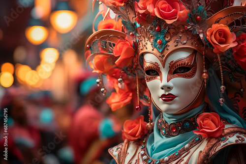 Gente disfrazada para el carnaval festival de Venecia, con sus mascaras pintorescas por las calles y plazas Venecianas, bokeh de fondos con luces artificiales © Antonio