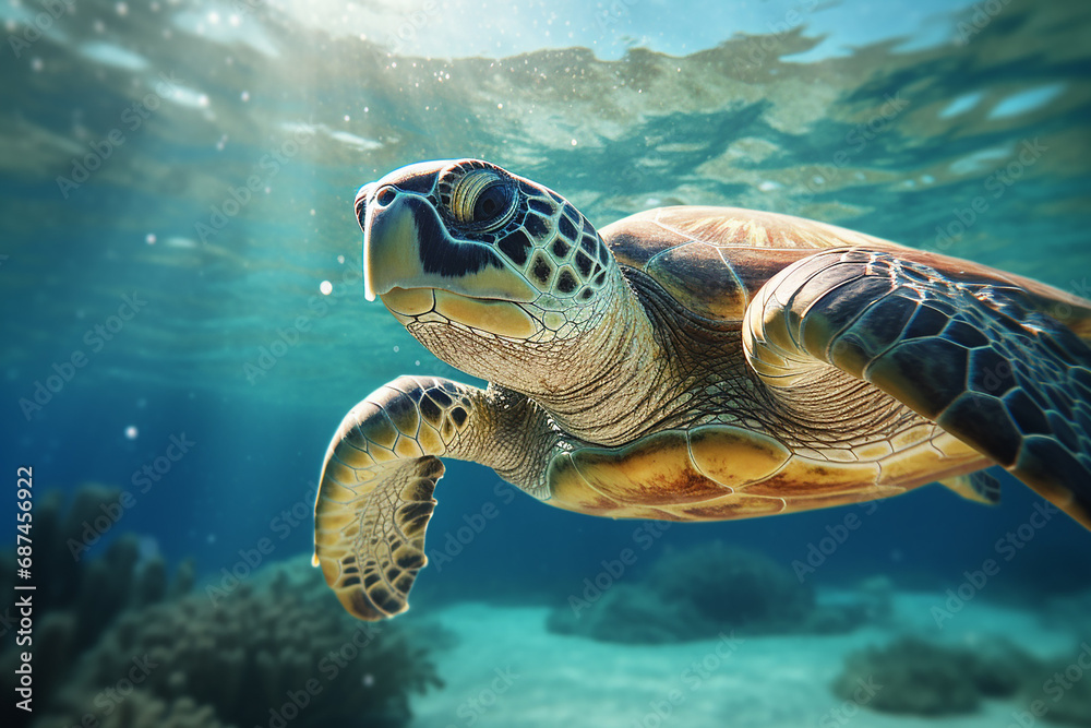 the close up of a loggerhead sea turtle swims in the turquoise aquatic sea with many fishes under the lights shining through the wave surface. Generative AI. the close up of a loggerhead sea turtle swims in the turquoise aquatic sea with many fishes under the lights shining through the wave surface. Generative AI.