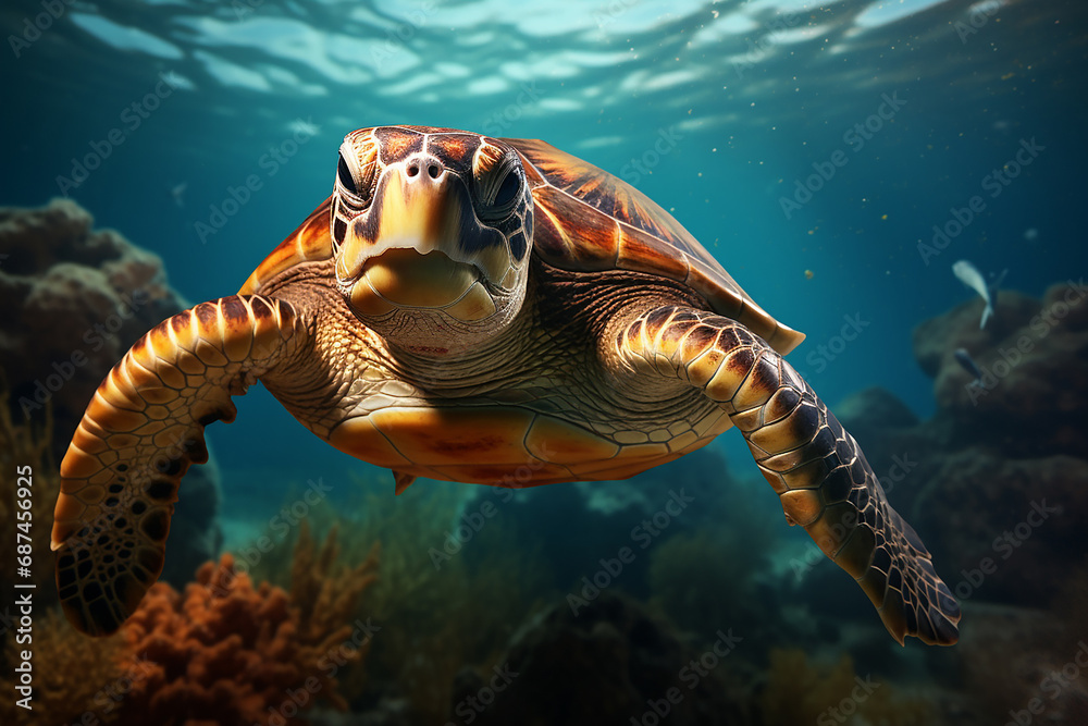 Fototapeta premium the close up of a loggerhead sea turtle swims in the turquoise aquatic sea with many fishes under the lights shining through the wave surface. Generative AI.