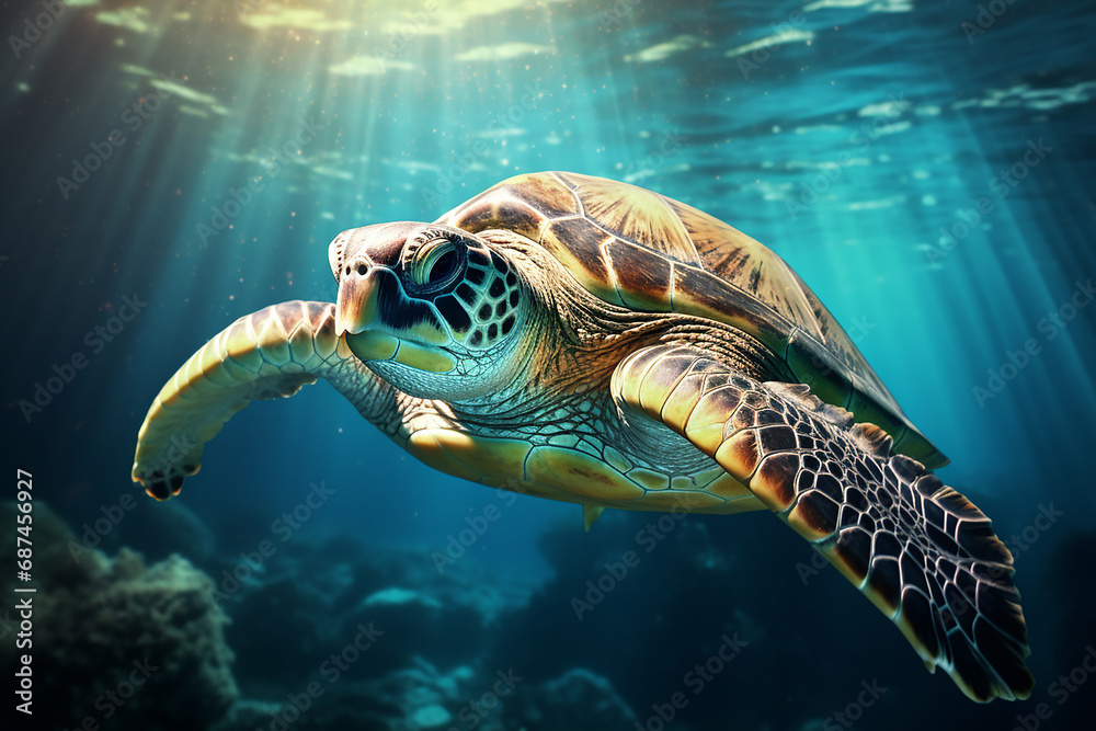 Fototapeta premium the close up of a loggerhead sea turtle swims in the turquoise aquatic sea with many fishes under the lights shining through the wave surface. Generative AI.