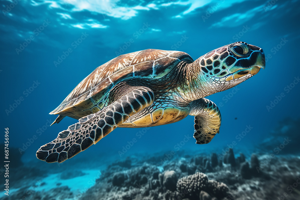 Fototapeta premium the close up of a loggerhead sea turtle swims in the turquoise aquatic sea with many fishes under the lights shining through the wave surface. Generative AI.