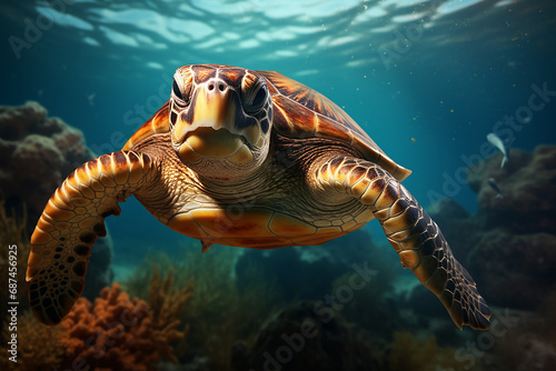 the close up of a loggerhead sea turtle swims in the turquoise aquatic sea with many fishes under the lights shining through the wave surface. Generative AI.