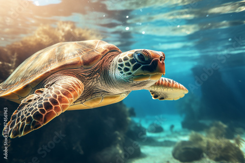 the close up of a loggerhead sea turtle swims in the turquoise aquatic sea with many fishes under the lights shining through the wave surface. Generative AI. © Surachetsh
