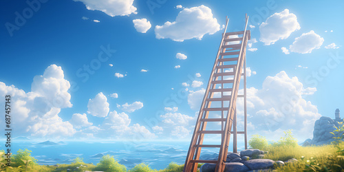 Ladder on blue sky background with clouds. Business success concept. Skyward Steps  Ladder Symbolizing Business Success