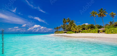 Fototapeta Naklejka Na Ścianę i Meble -  Beautiful tropical beach. Tranquil white sand palm trees turquoise sea bay, sunny blue sky clouds. Perfect summer landscape background. Best relaxing vacation, island of Maldives. Luxury destination