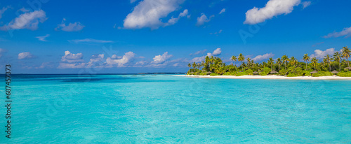 Beautiful tropical beach. Tranquil white sand palm trees turquoise sea bay, sunny blue sky clouds. Perfect summer landscape background. Best relaxing vacation, island of Maldives. Luxury destination