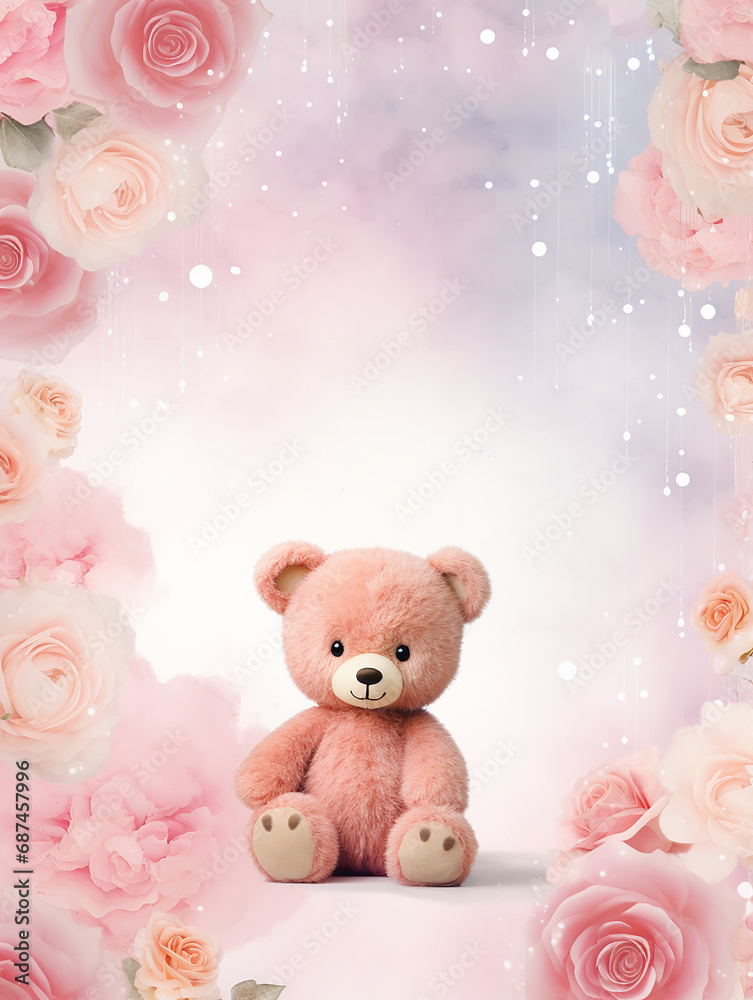 Obraz premium Watercolor Birthday Girl illustration teddy bear baby shower background balloons pattern invitation card wallpaper 